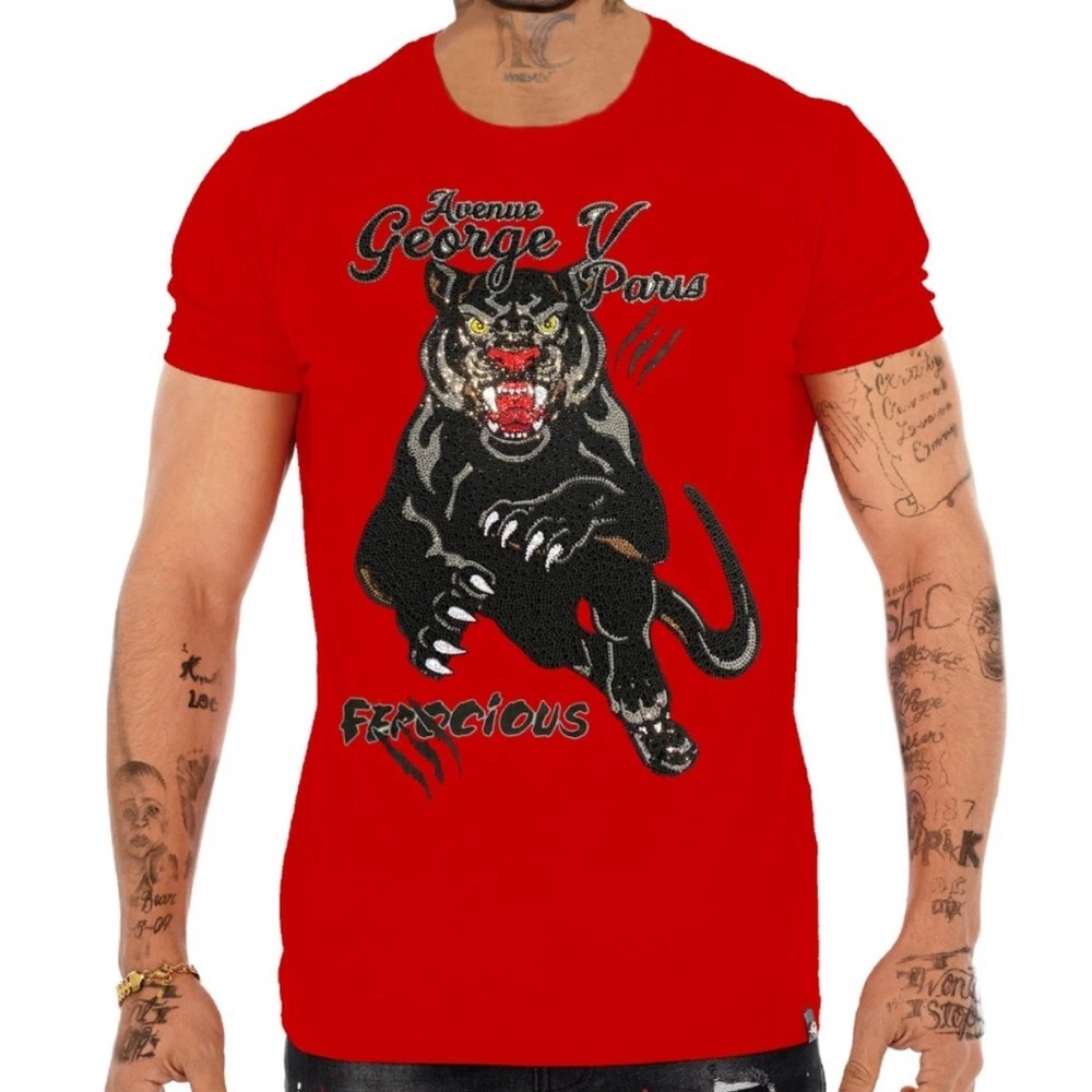 Avenue George V Paris T-Shirt rhinestone black panther men’s Red short Sleeve S